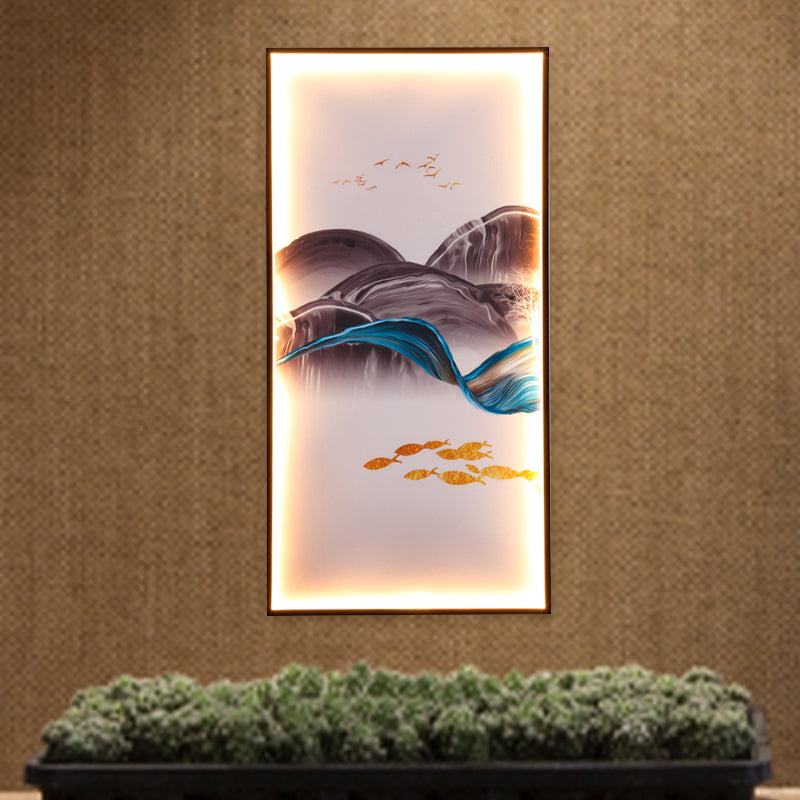 Light Asia Fabric Tearoom Rectangular Wall Mural Led Sconce With Fish/Elk Pattern Blue / Fish