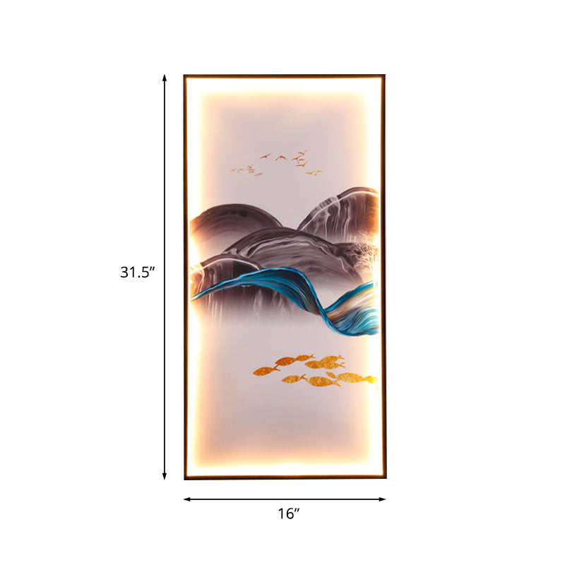 Light Asia Fabric Tearoom Rectangular Wall Mural Led Sconce With Fish/Elk Pattern Blue