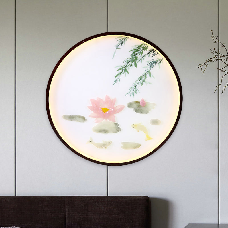 Asian Inspired Pink Lotus Mural Led Flush Mount Wall Sconce: Acrylic Integrated Lighting Solution