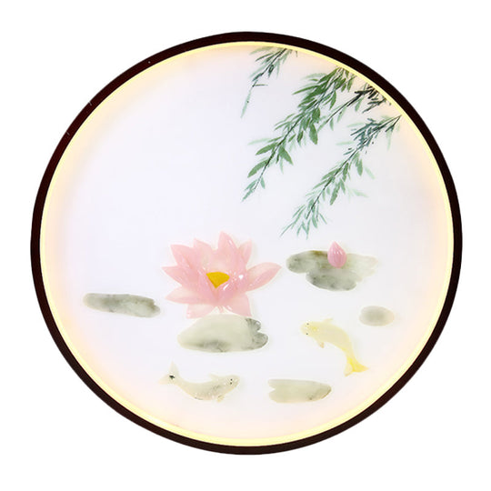 Asian Inspired Pink Lotus Mural Led Flush Mount Wall Sconce: Acrylic Integrated Lighting Solution