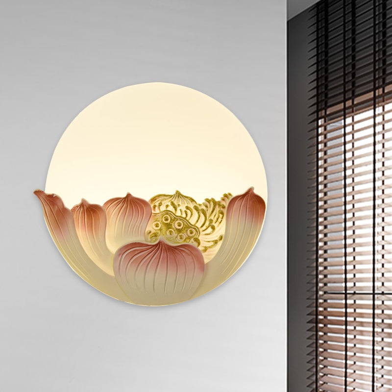 Chinese White Lotus And Mountain Moon Resin Mural Led Wall Lamp For Guest Room