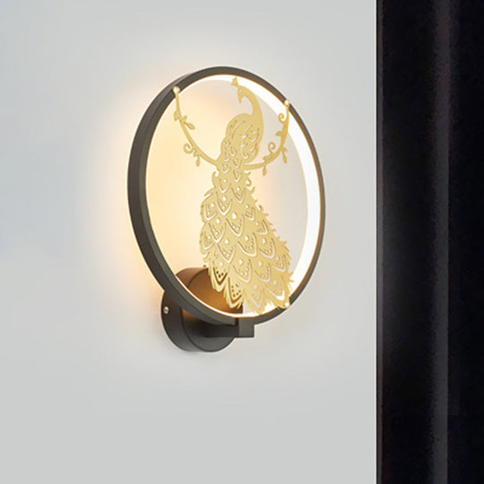 Modern Peacock Mural Wall Light: Black And Gold Aluminum Led Sconce For Living Room Black-Gold