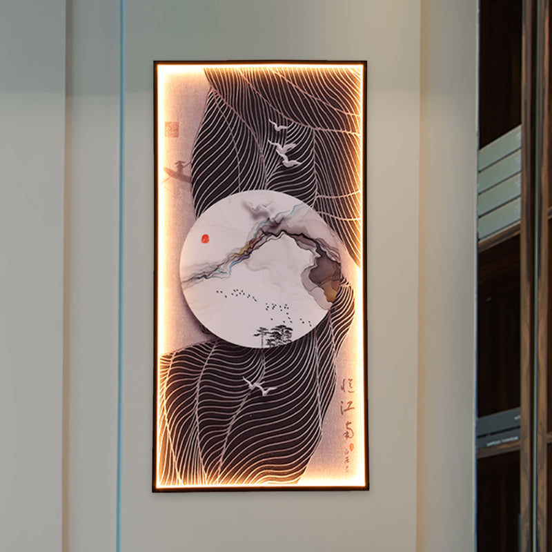 Chinese Style Led Wall Lamp - Fabric Script/Landscapes Mural Lighting Black