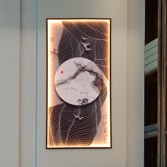 Chinese Style Led Wall Lamp - Fabric Script/Landscapes Mural Lighting Black