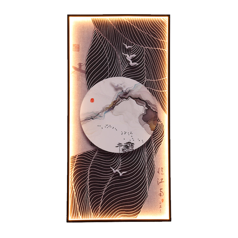 Chinese Style Led Wall Lamp - Fabric Script/Landscapes Mural Lighting Black
