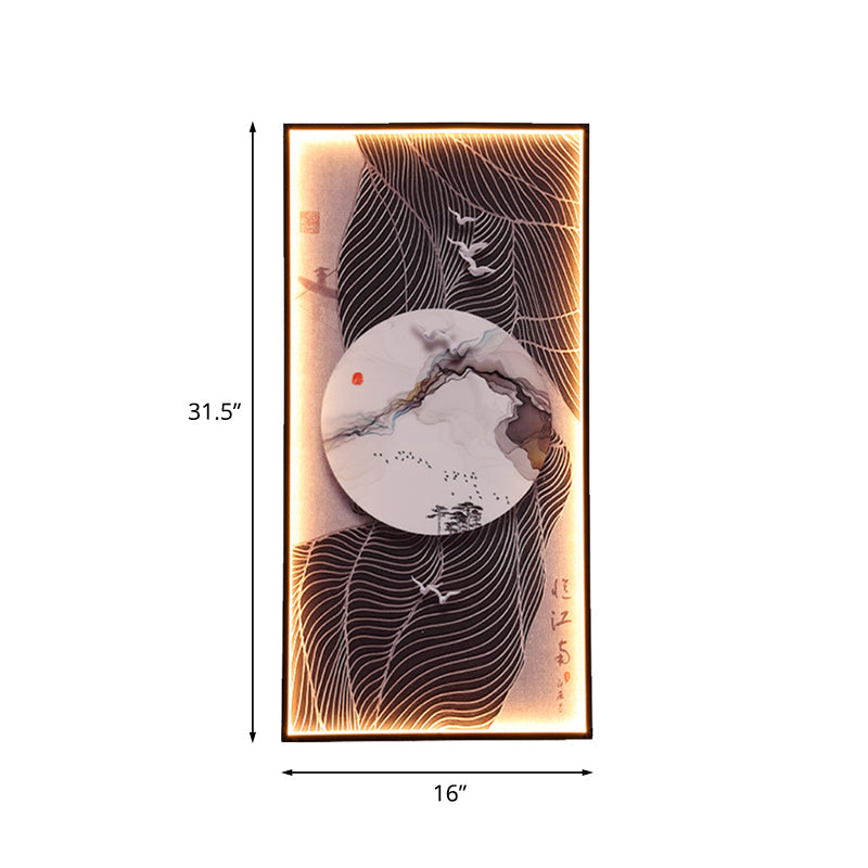 Chinese Style Led Wall Lamp - Fabric Script/Landscapes Mural Lighting Black