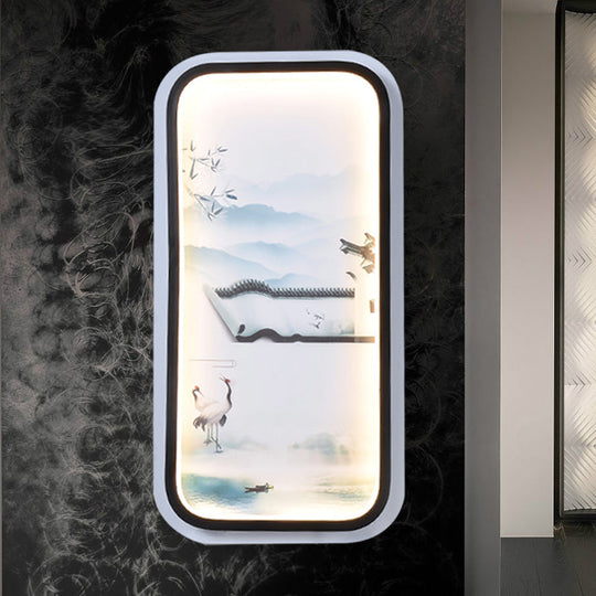 Led Asian Black-White Mural Wall Light Fixture With Landscape Painting Fabric Shade For Parlor