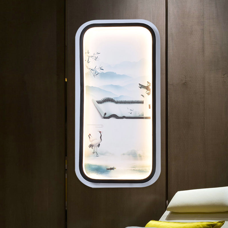 Led Asian Black-White Mural Wall Light Fixture With Landscape Painting Fabric Shade For Parlor