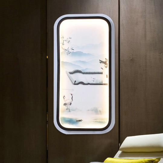 Led Asian Black-White Mural Wall Light Fixture With Landscape Painting Fabric Shade For Parlor