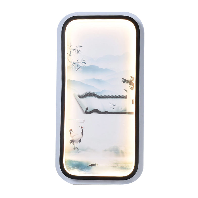Led Asian Black-White Mural Wall Light Fixture With Landscape Painting Fabric Shade For Parlor