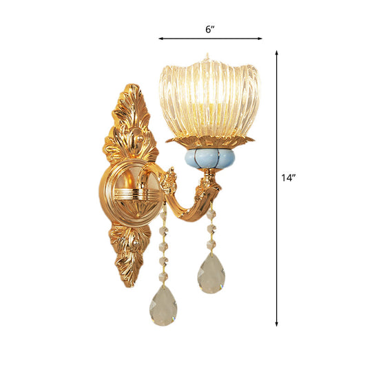 Gold Flower Ribbed Glass Wall Lamp - Retro Bedroom Mount Light Fixture