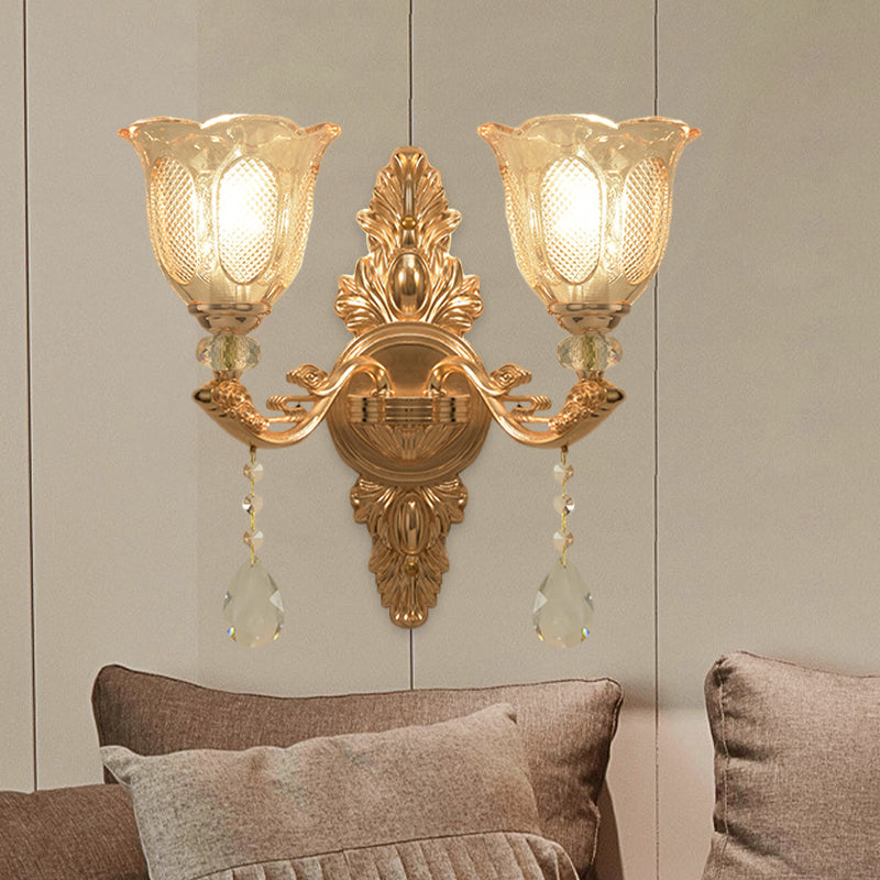 Gold Countryside Carved Glass Wall Sconce Light Fixture - 1/2-Light Scalloped Design