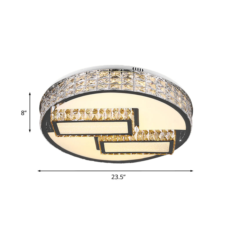 Modern Led Drum Close To Ceiling Lighting Fixture - Stainless Steel With Crystal Flushmount