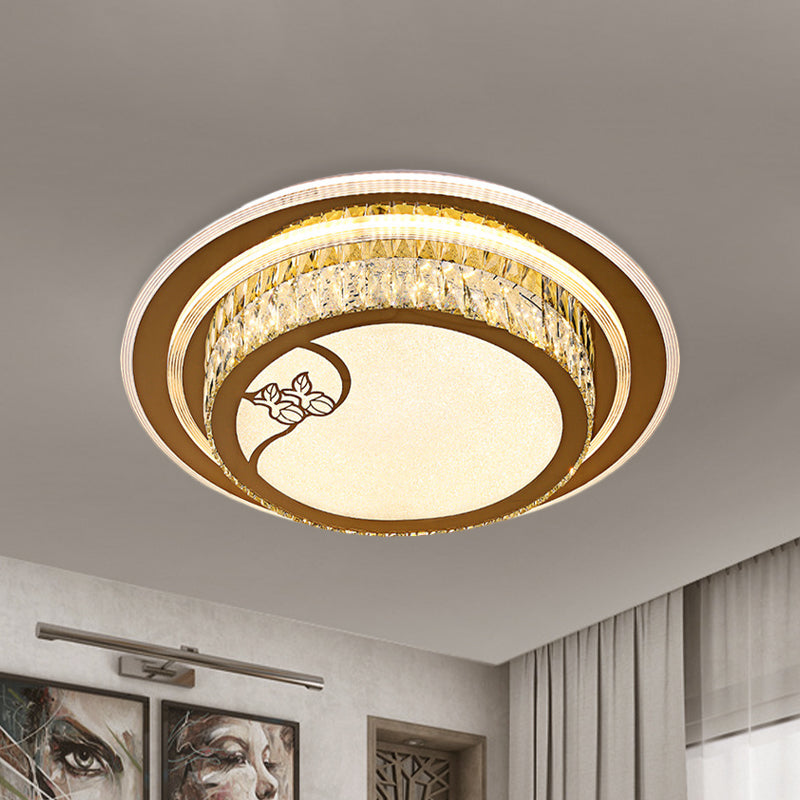Contemporary Led Crystal Ceiling Light - Chrome Drum Flush Mount For Bedroom