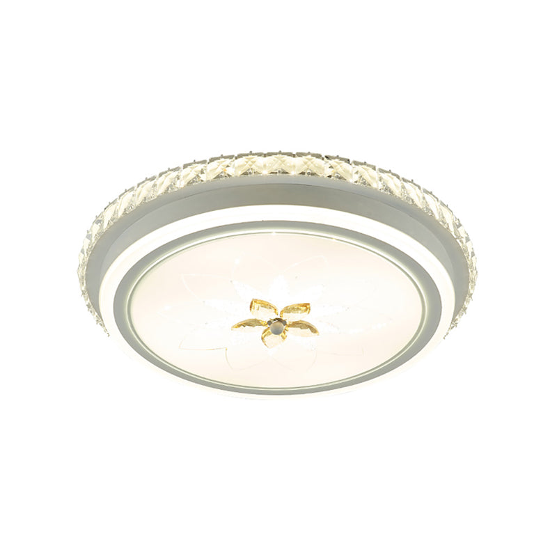 Simplicity Led Metal Flush Lighting With Flower Crystal Decor White Finish Round Ceiling Mounted