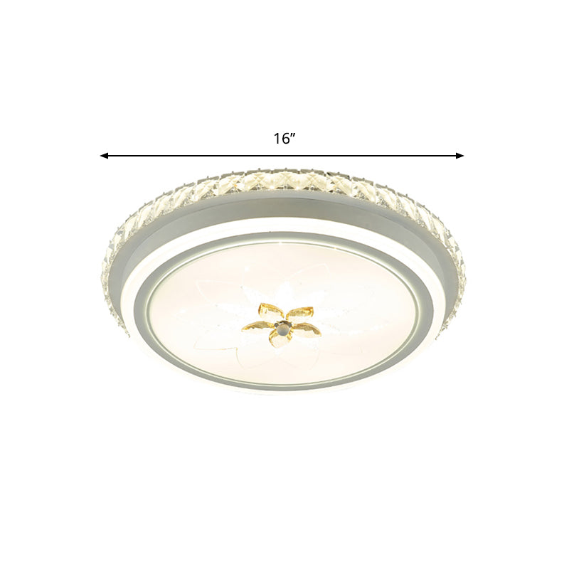 Simplicity Led Metal Flush Lighting With Flower Crystal Decor – White Finish Round Ceiling