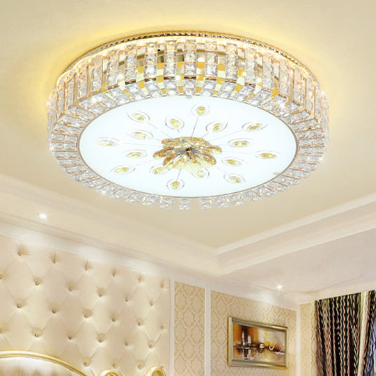Modern Led Crystal Drum Ceiling Lamp With Flush Mount In Gold Finish For Bedrooms