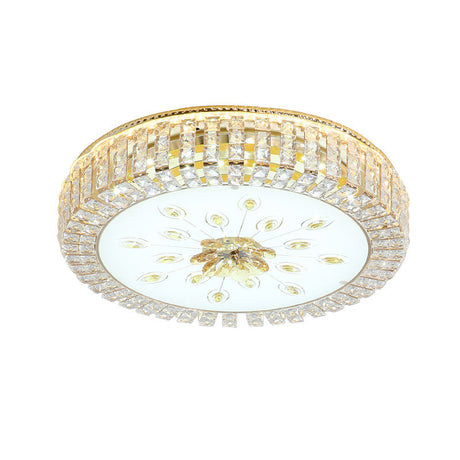Modern Led Crystal Drum Ceiling Lamp With Flush Mount In Gold Finish For Bedrooms