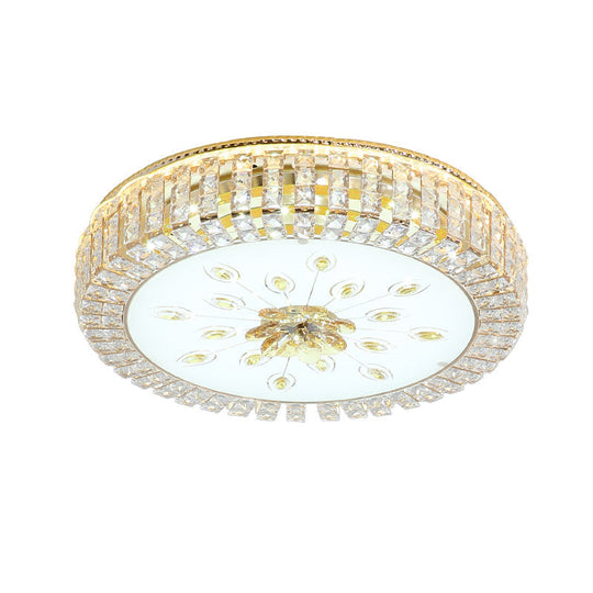 Modern Led Crystal Drum Ceiling Lamp With Flush Mount In Gold Finish For Bedrooms