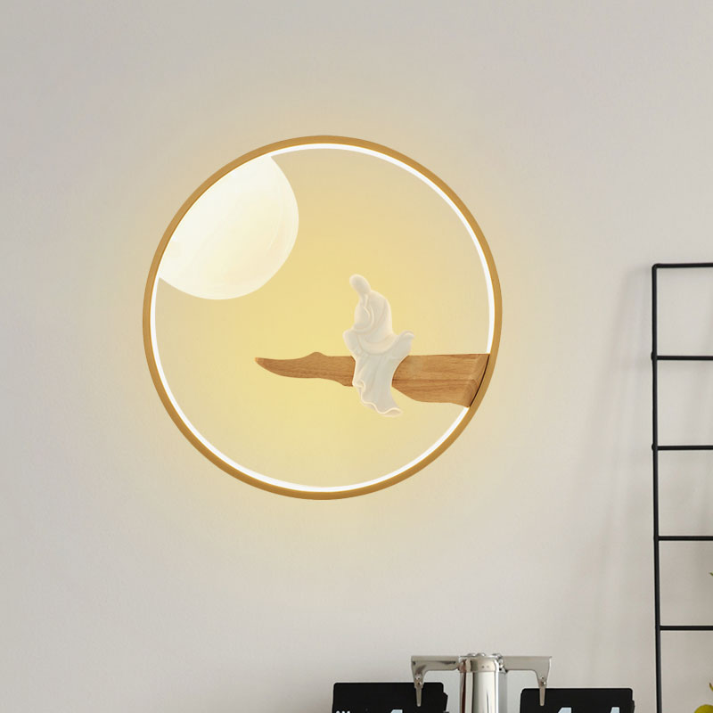 Buddha Wooden Mural Led Wall Lamp In Black/Beige For Bedside