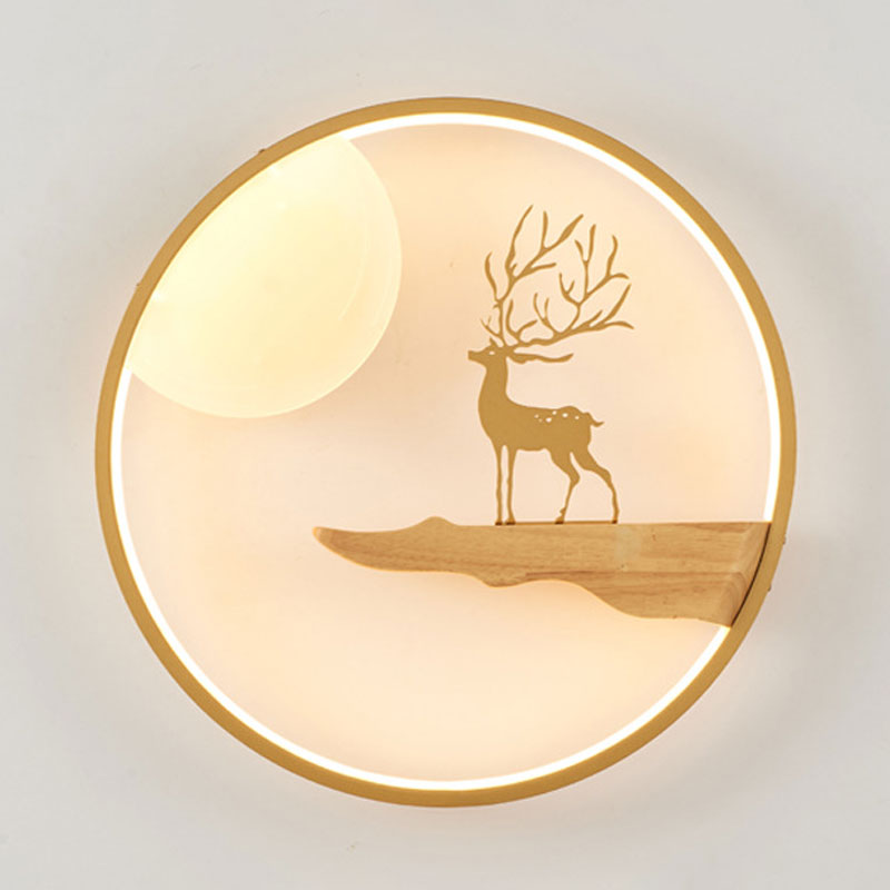 Deer And Moon Asian Led Wall Light With Wood Frame - Black/Beige
