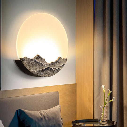 Nordic Blue/Brown Led Moon Shaped Acrylic Mural Wall Lamp With Mountain Design: Stylish Lighting