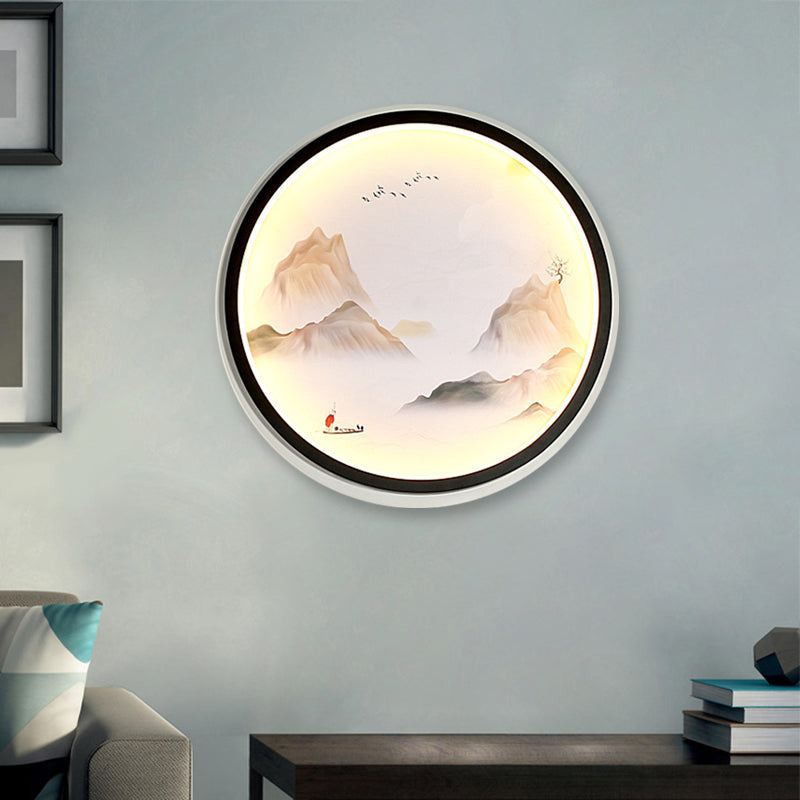 Chinese Style Led Wall Sconce - Foggy Mountains Fabric Mural Lamp Black