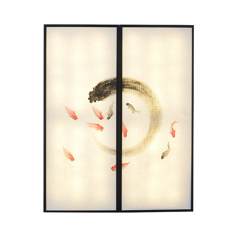Chinese Style Led Sconce Light Fixture: Carp Artwork Bedside Mural Lighting In Black