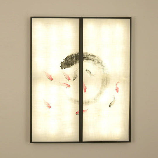 Chinese Style Led Sconce Light Fixture: Carp Artwork Bedside Mural Lighting In Black