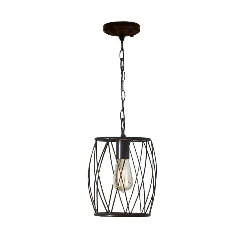 Industrial Metal Pendant Lamp With Black Wire Guard - 1 Bulb Cylinder Shade For Dining Room