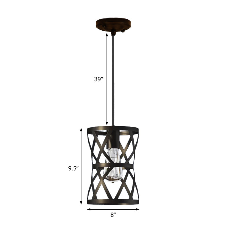 Stylish Vintage Cylinder Cage Pendant Light - Black Metal Ideal For Dining Rooms