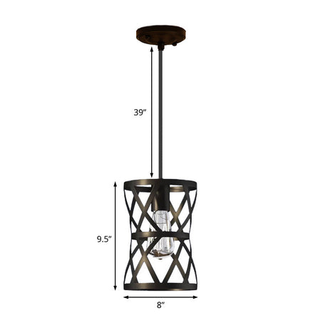 Stylish Vintage Cylinder Cage Pendant Light - Black Metal Ideal For Dining Rooms