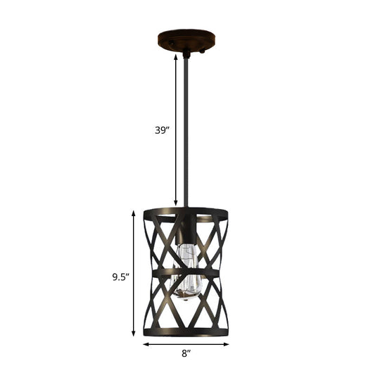 Stylish Vintage Cylinder Cage Pendant Light - Black Metal Ideal For Dining Rooms