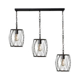 Industrial Black Hanging Lamp With 3 Bulbs And Stylish Metal Lantern Cage Shade - Foyer Suspension