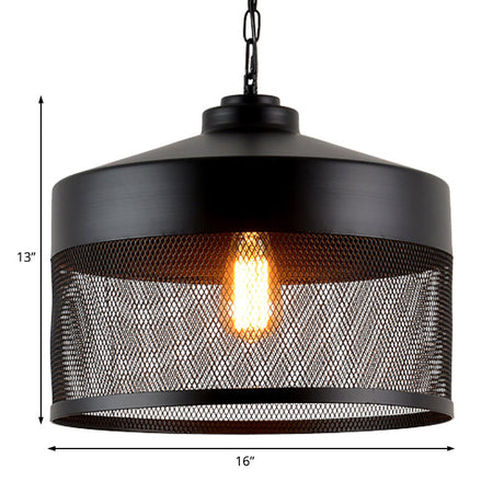 Metal Hanging Light Industrial Style With Black Mesh Drum Shade - Restaurant Pendant Fixture