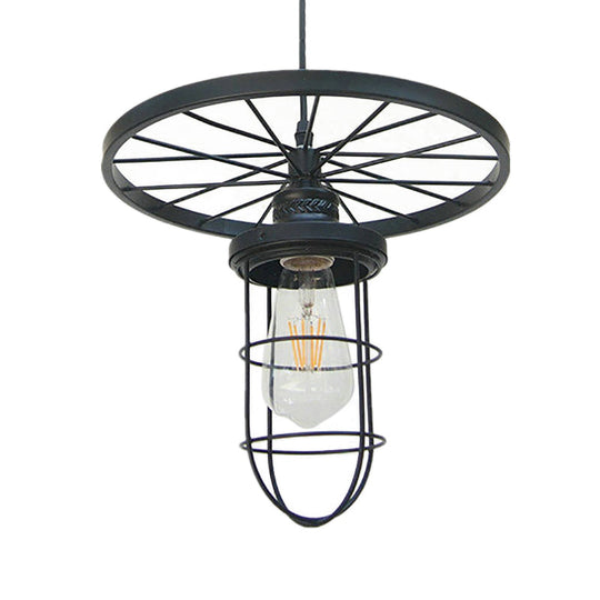 Industrial-Style Black Metal Wire Cage Ceiling Fixture Pendant Light With Wheel Deco - Dining Room