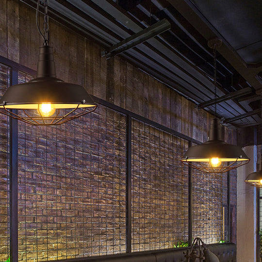 Industrial Wire Cage Pendant Light With Metal Shade Black Suspended Lamp For Warehouse