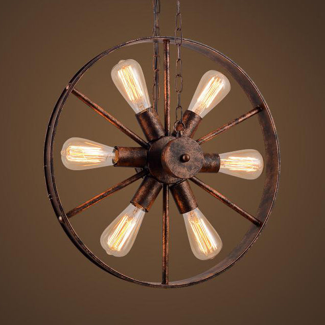 Antique Style Wrought Iron Kitchen Chandelier - 6-Light Wheel Pendant Lamp In Rust Finish
