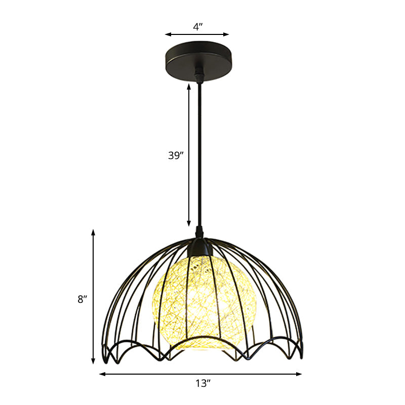 Industrial Dome Metal Hanging Lamp With Rattan Shade - 1 Light Black Ceiling Fixture For Dining Room