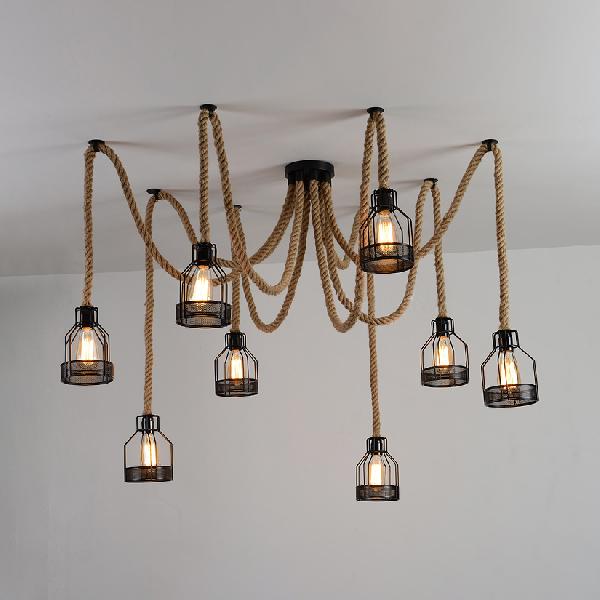 Antique Iron & Hemp Rope Swag Ceiling Fixture: Black Wire Cage Shade 8 Bulbs - Restaurant Hanging