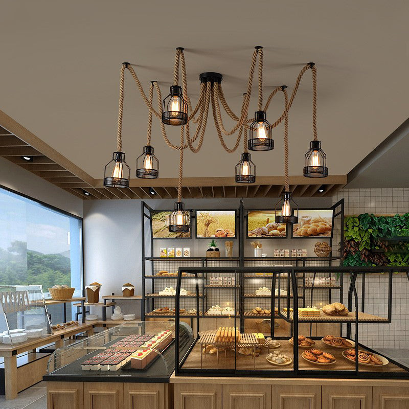 Antique Iron & Hemp Rope Swag Ceiling Fixture: Black Wire Cage Shade 8 Bulbs - Restaurant Hanging