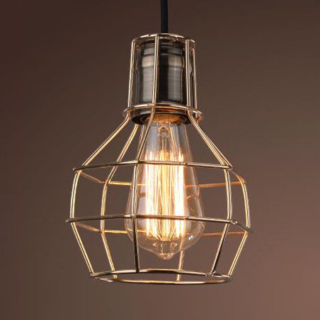 Industrial Pendant Light Fixture: Brass Finish Globe On Wire Frame - 1 Bulb Kitchen Hanging Lamp