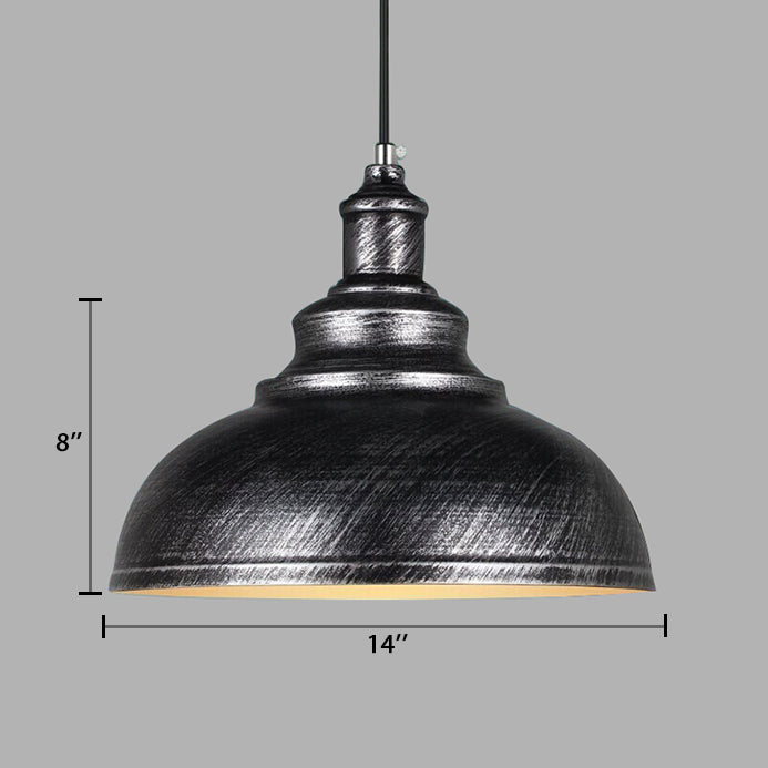 Adjustable Cord Pendant With Metal Dome Shade In Retro Black/Gray - 12’/14’/16’ W