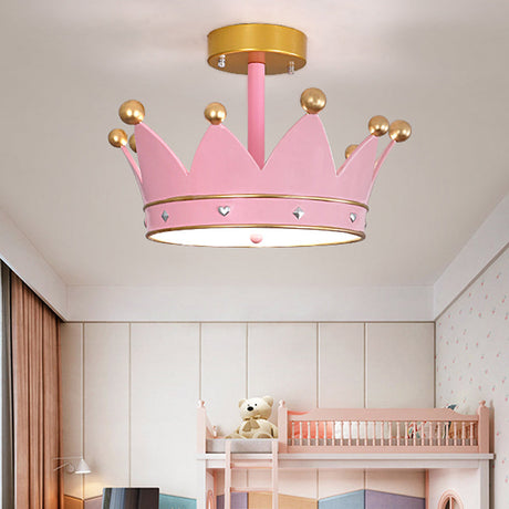 Cartoon Led Pink Finish Crown Shape Semi Flush Light - Mount Lamp Fixture