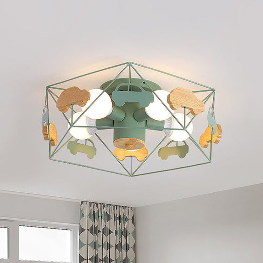 Sleek Pentagon Frame Semi-Mount Metal Lighting Macaron In Grey/Green/Pink Finish – 5 Bulbs