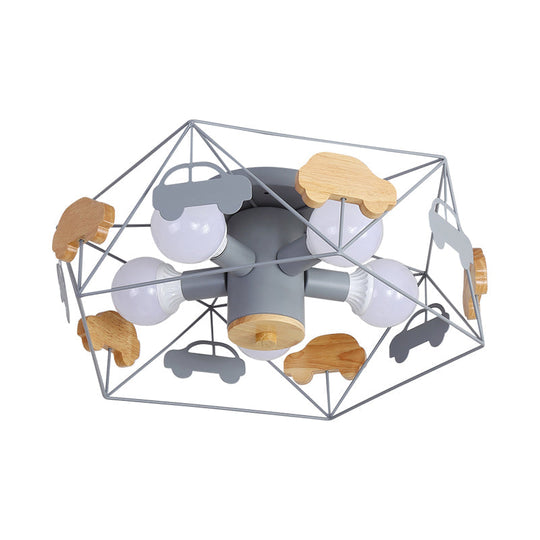 Sleek Pentagon Frame Semi-Mount Metal Lighting Macaron In Grey/Green/Pink Finish – 5 Bulbs