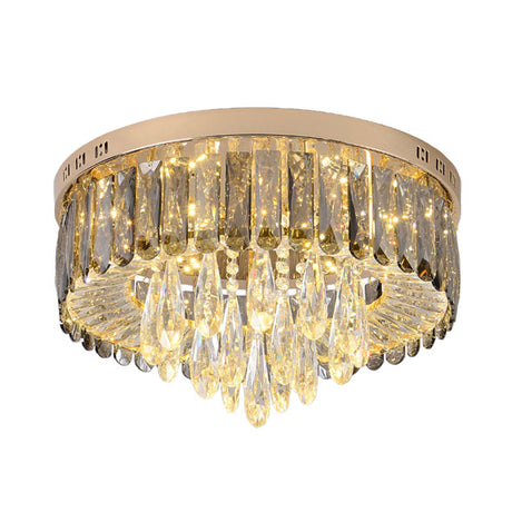 Modern Drum Bedroom Flush Mount Lighting: Smoke Gray Crystal Led Ceiling Lamp
