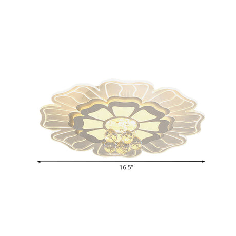 Contemporary Led White Flush Lamp With Floral Acrylic Shape And Crystal Drop