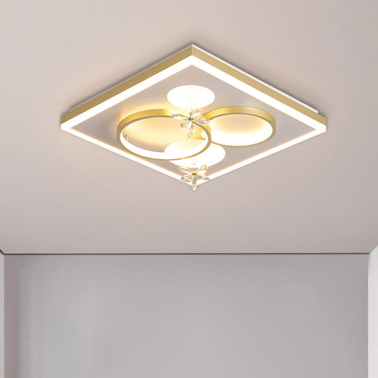Modern Led Gold Flush Mount Light With Square Metal Frame And Flower Crystal Décor