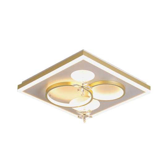 Modern Led Gold Flush Mount Light With Square Metal Frame And Flower Crystal Décor